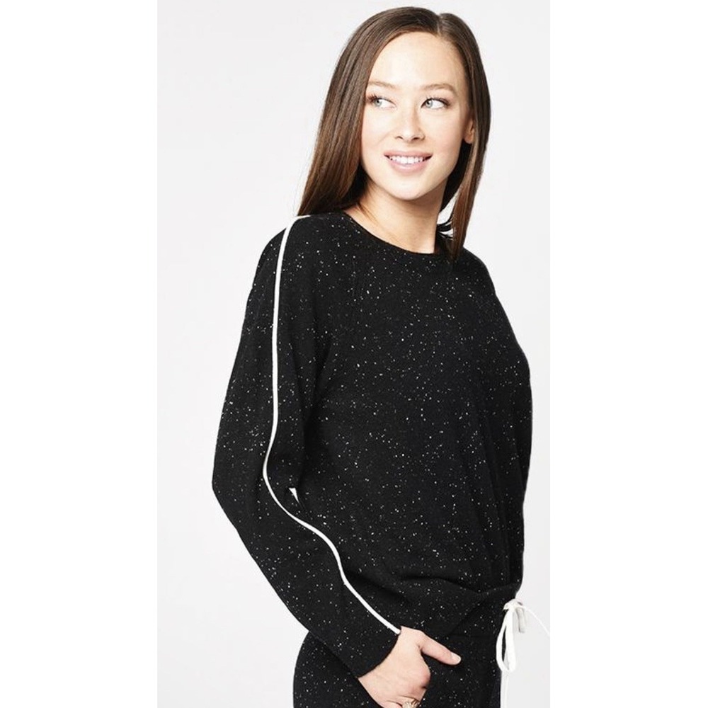Brochu Walker L Lucia 100% Cashmere Black Speckle Piped Sweatshirt Sweater $488